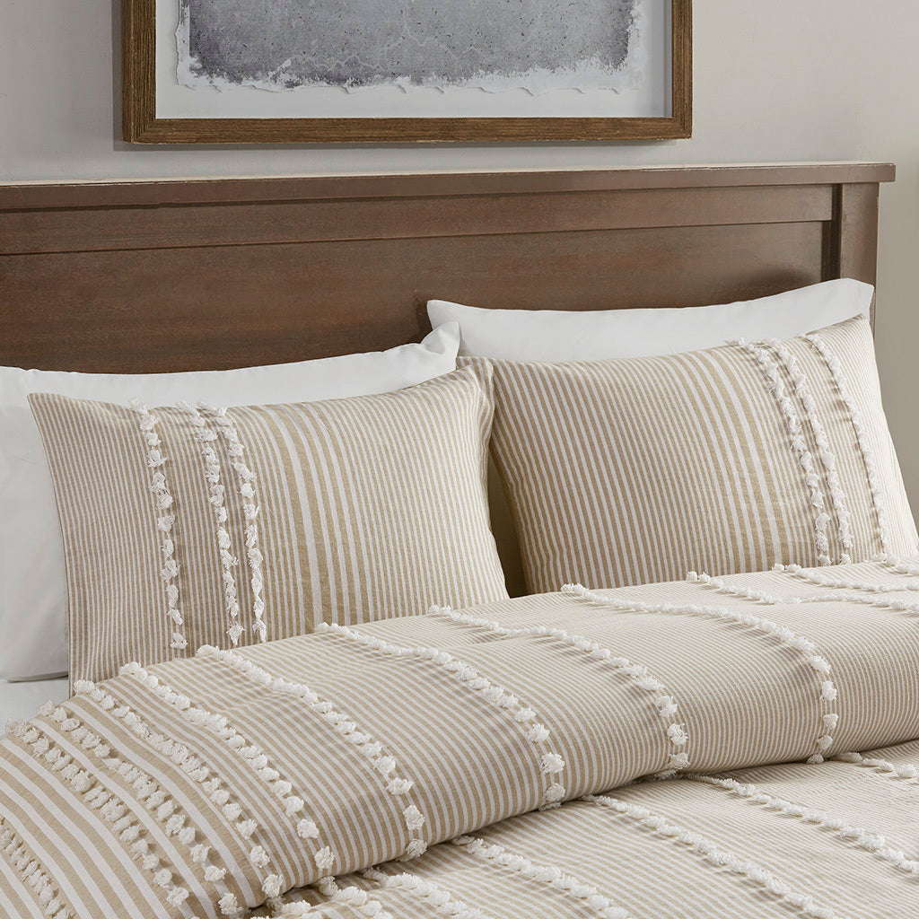 King 3 Piece Cotton Yarn Dyed Duvet Cover Set with Tufted Chenille - Taupe Stripes