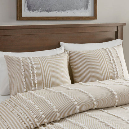 King 3 Piece Cotton Yarn Dyed Duvet Cover Set with Tufted Chenille - Taupe Stripes