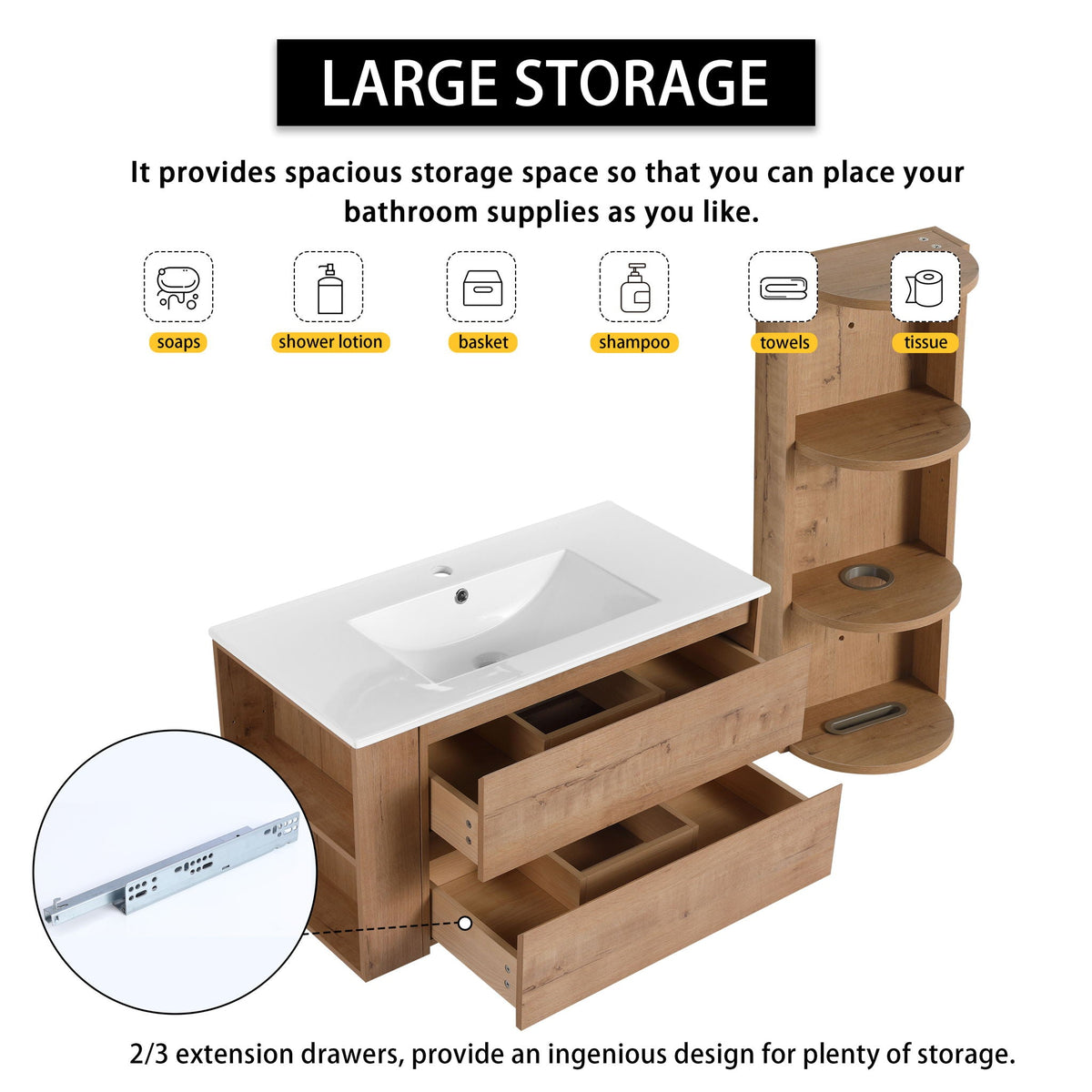 Modern Wall Mounted Bathroom Vanity with Ceramic Sink and Storage - Light Brown