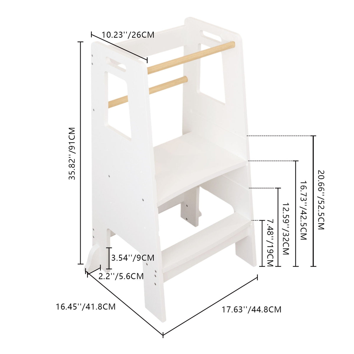 White Adjustable Child Kitchen Step Stool with Removable Bar - Standing Tower