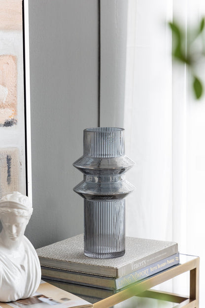 Fluted Accent Vases with Ribbed Design - Clear Blue, Set of 2