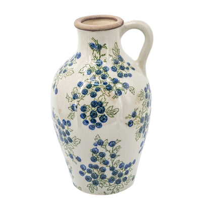 White Ceramic Vase with Blueberry Motif - Multicolor
