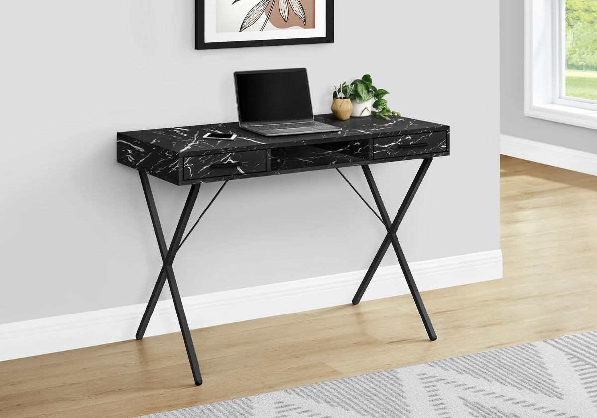 Modern Black Marble Look Computer Desk with Storage Drawers - Black
