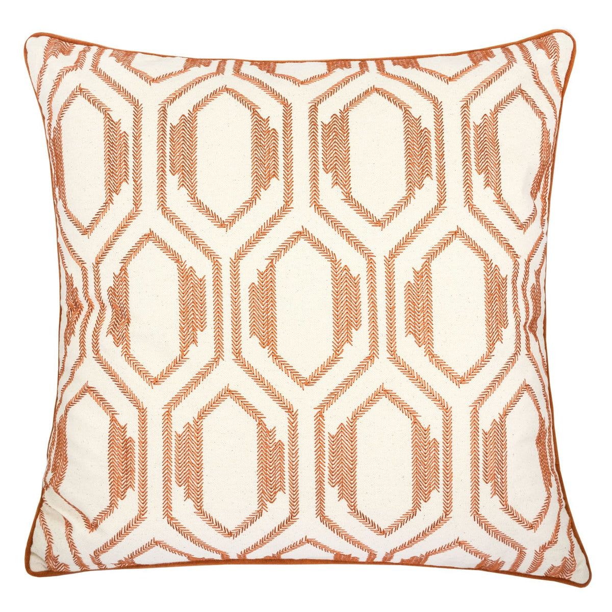Geometric Embroidered Throw Pillow with Cotton Texture - Rust