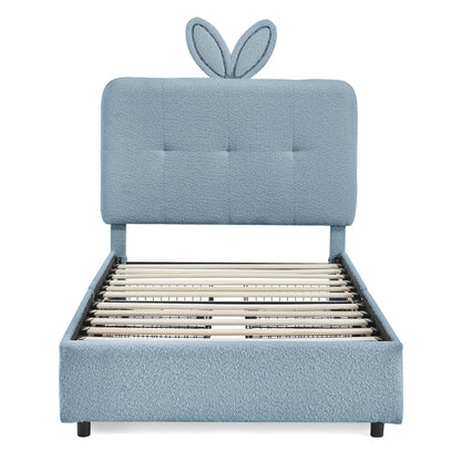 Twin Size Kids Upholstered Bed with Rabbit Ear Headboard & Storage - White Boucle
