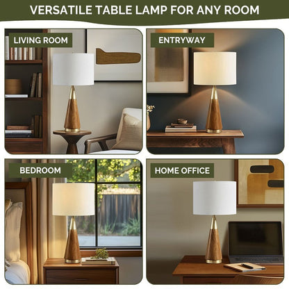 Triangular Table Lamp with Espresso Wood Grain and Linen Shade - Gold & Brown