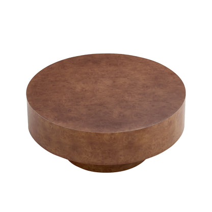 Faux Burl Wood Round Coffee Table with Sturdy Pedestal - Walnut