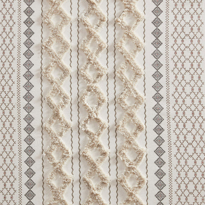 Cotton Printed Curtain Panel with Chenille Stripe - Ivory