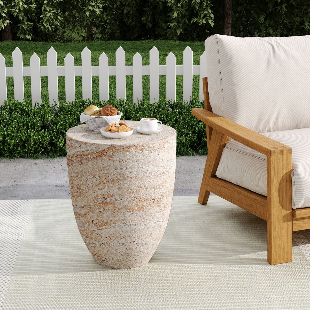 Lightweight Concrete Outdoor Side Table with Travertine Finish - Beige
