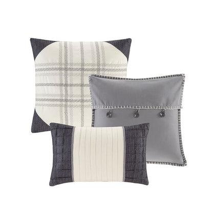 Grey Herringbone Comforter Set with Decorative Pillows - California King
