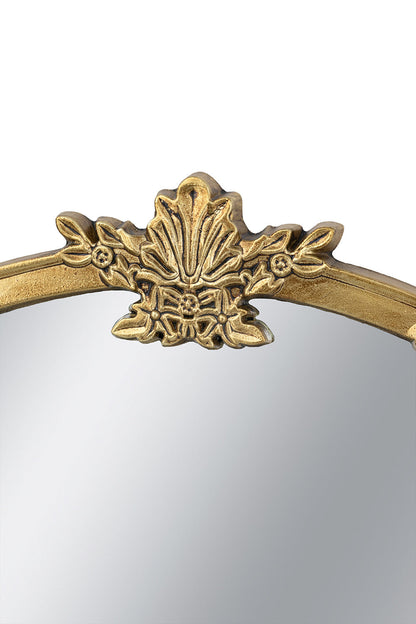 Round Wall Mirror with Decorative Leaf Crest - Gold
