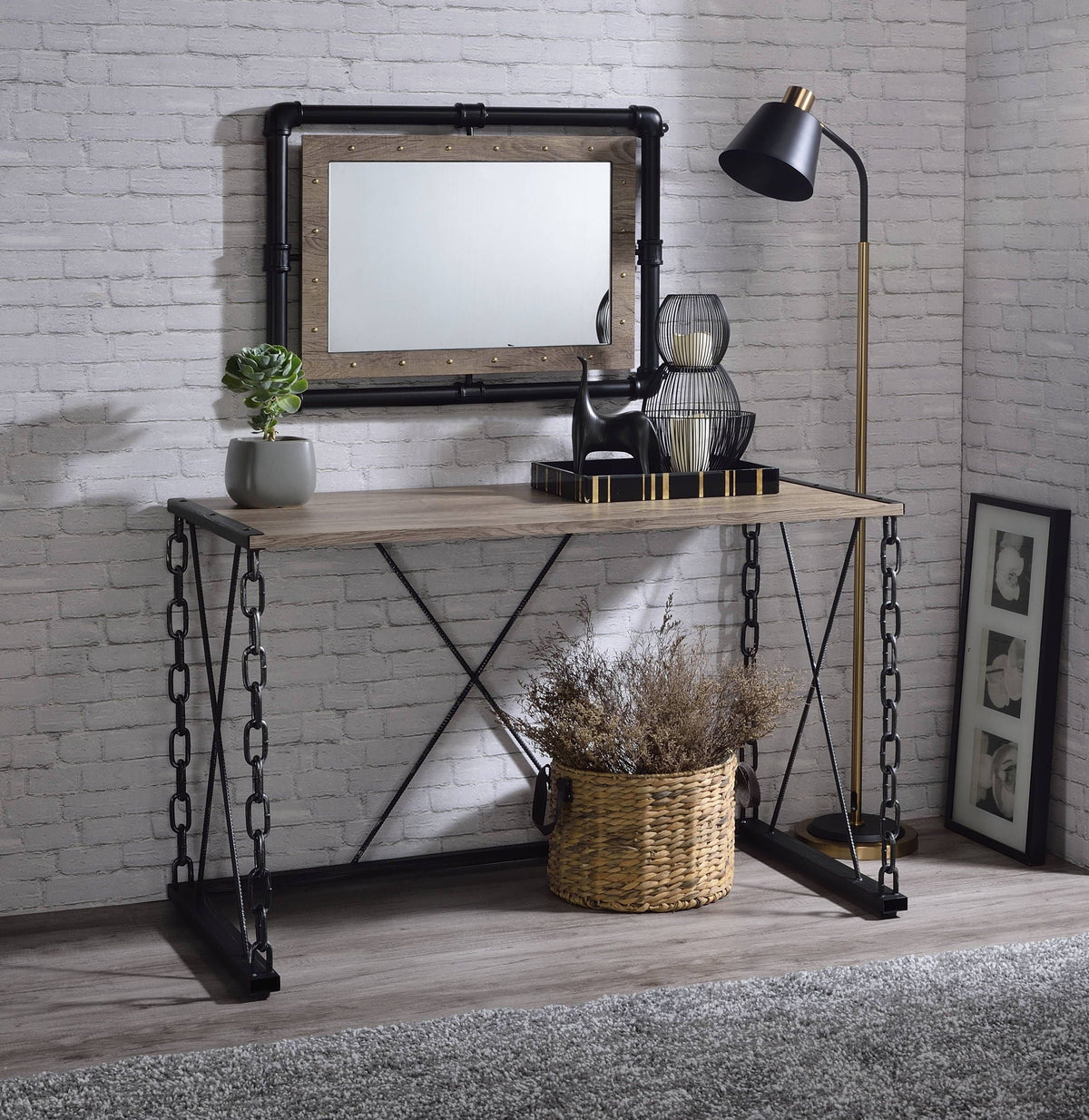 Rustic Oak Console Table with Antique Black Metal Base - Jodie Collection