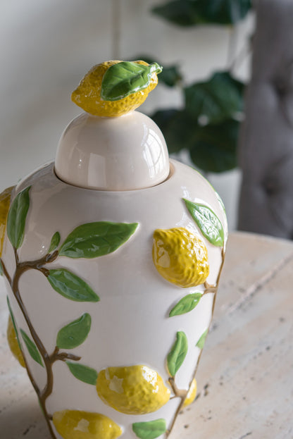 White Ceramic Lidded Jar with Playful Lemon Design - 15" Tall