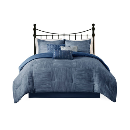 7 Piece Printed Seersucker Comforter Set with Hypoallergenic Fill - Navy