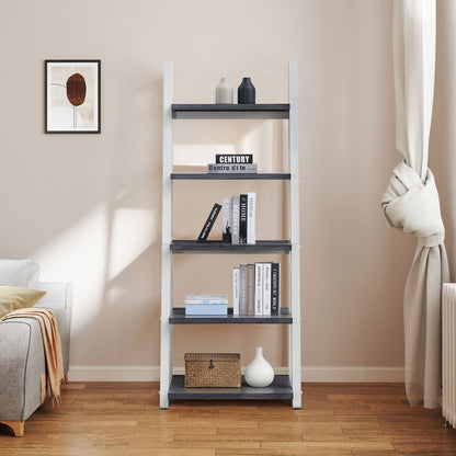 5-Tier Ladder Shelf with Rubber Wood Frame - Grey & White