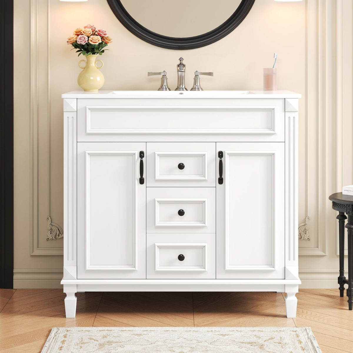 Bathroom Vanity with Ceramic Sink and Soft-Closing Storage - Dark Gray, White, or Black