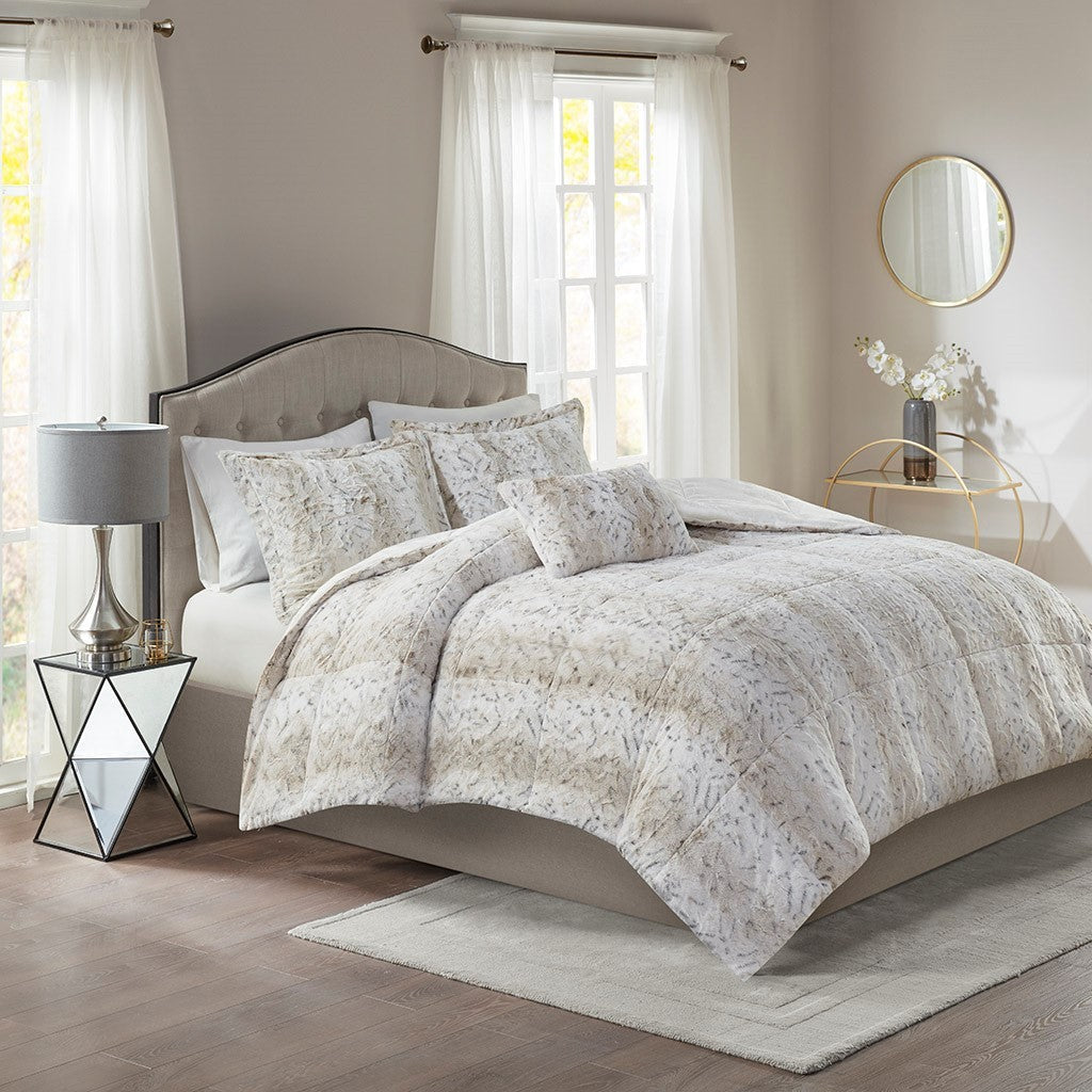 King 4PC Faux Fur Comforter Set with Reversible Faux Mink Backing