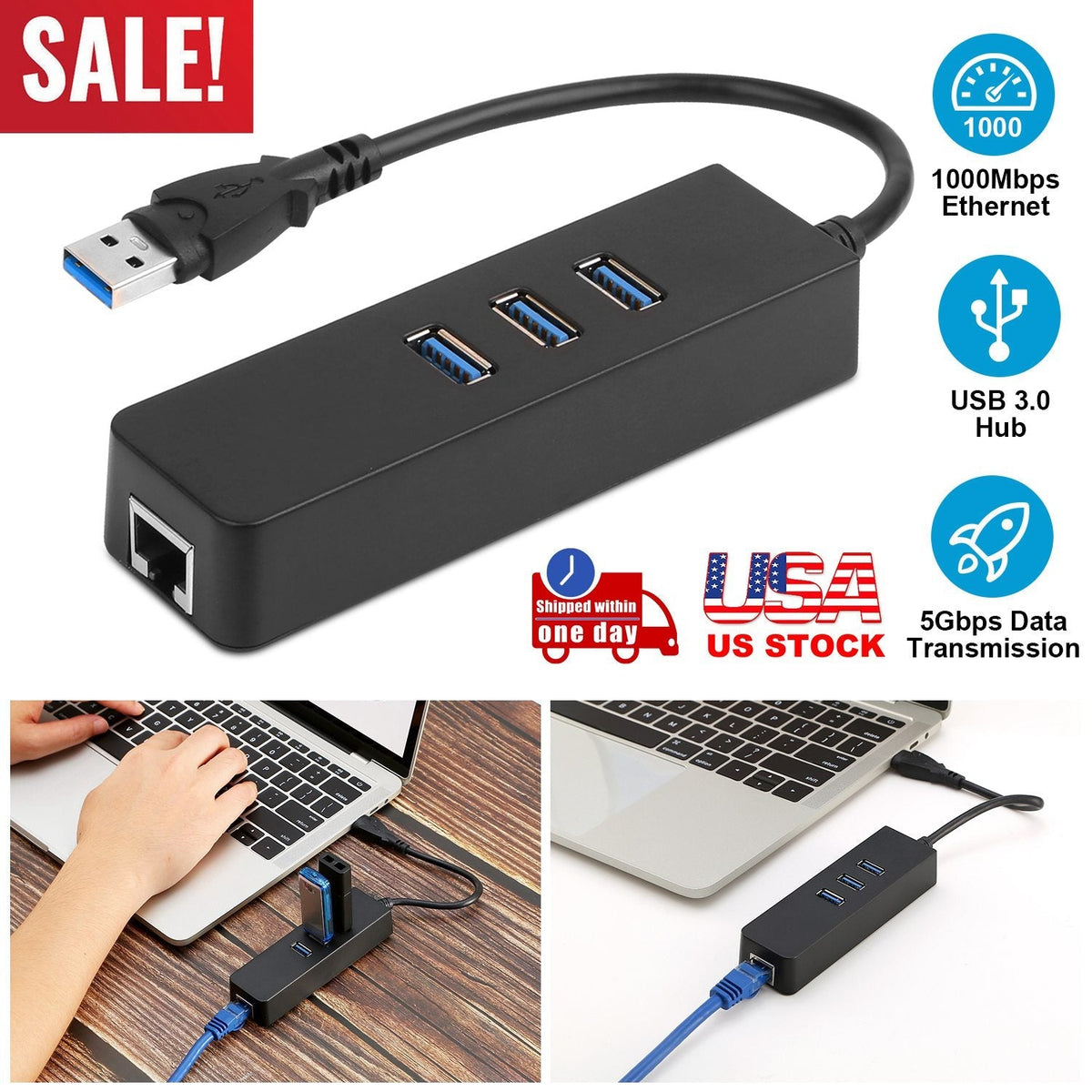3 Ports USB 3.0 Hub Gigabit Ethernet Adapter 10/100/1000 Mbps Converter LAN RJ45 Wired USB Network Adapter