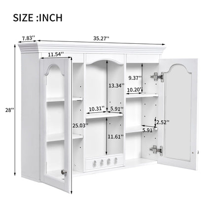 Wall-Mounted Medicine Cabinet with 2 Glass Doors and Adjustable Shelves - White