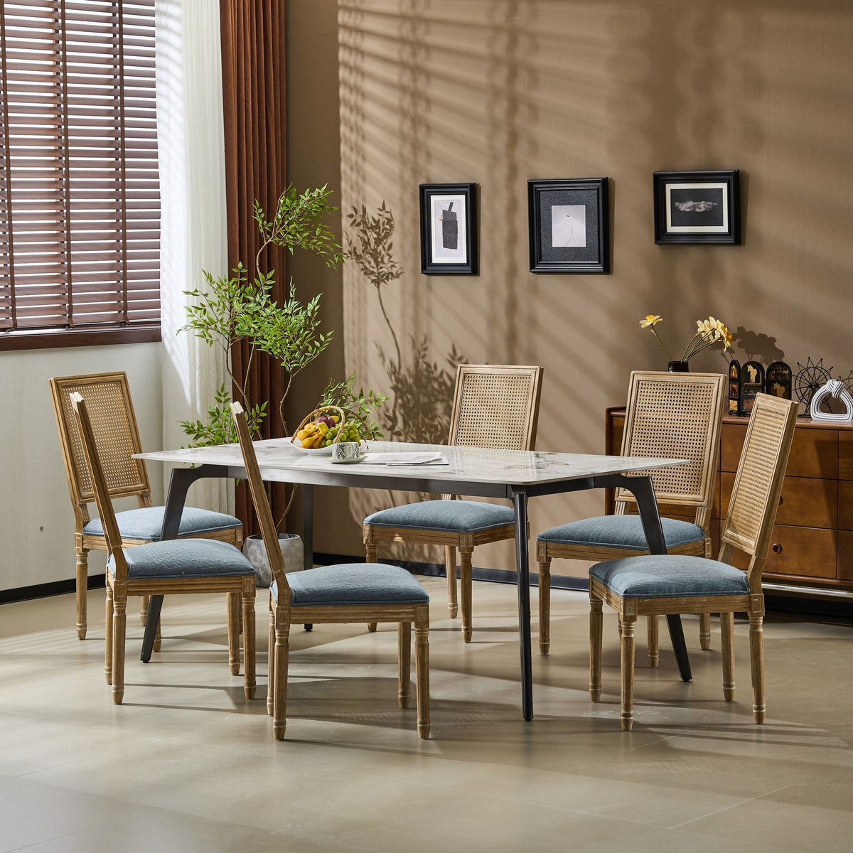 French Country Dining Chair with Rectangular Cane Backrest and Upholstered Seat