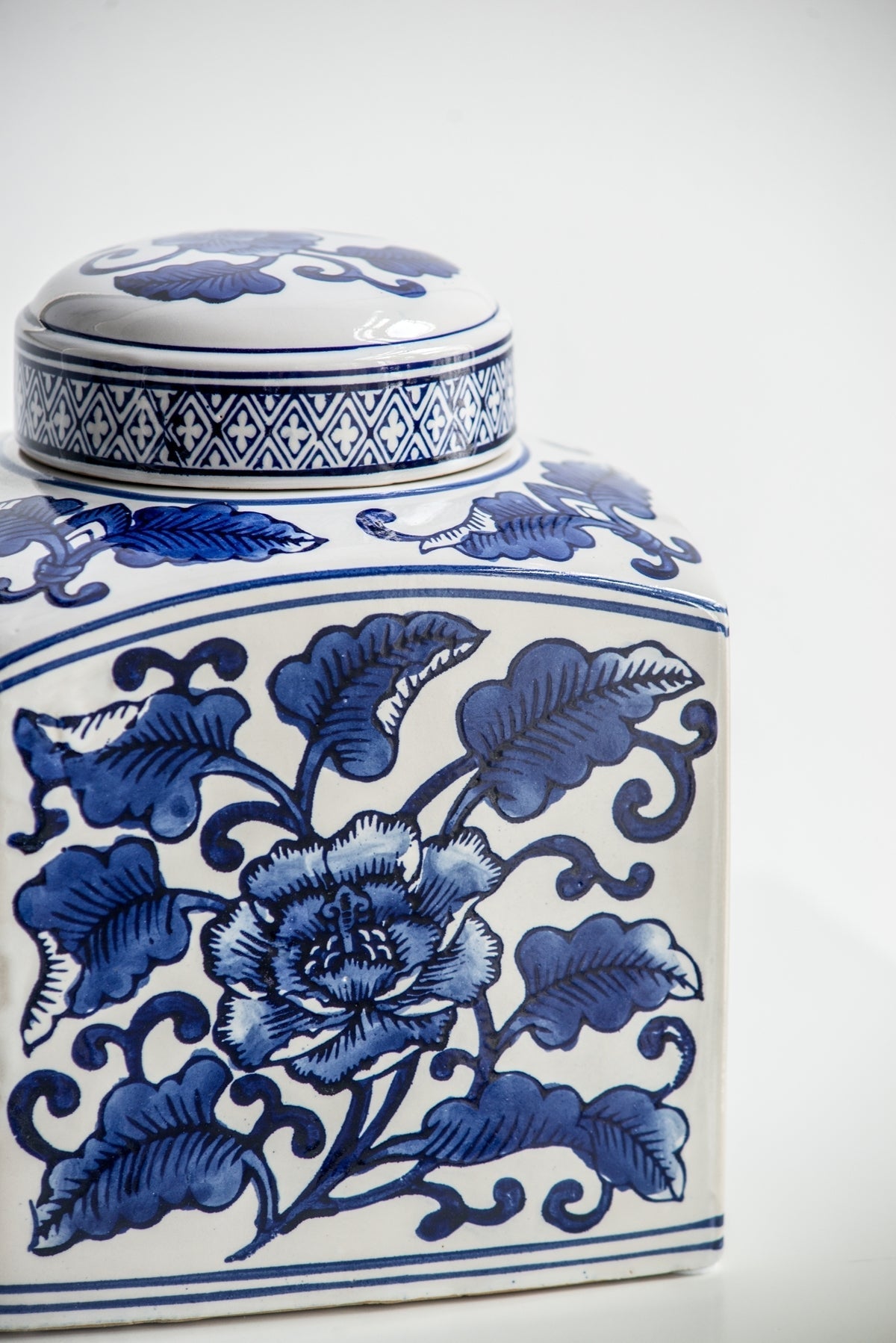 Hand Painted Square Ceramic Canister with Blue Floral Pattern - White & Blue