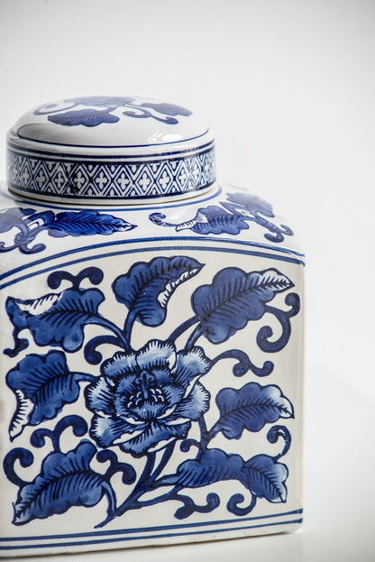 Hand Painted Square Ceramic Canister with Blue Floral Pattern - White & Blue