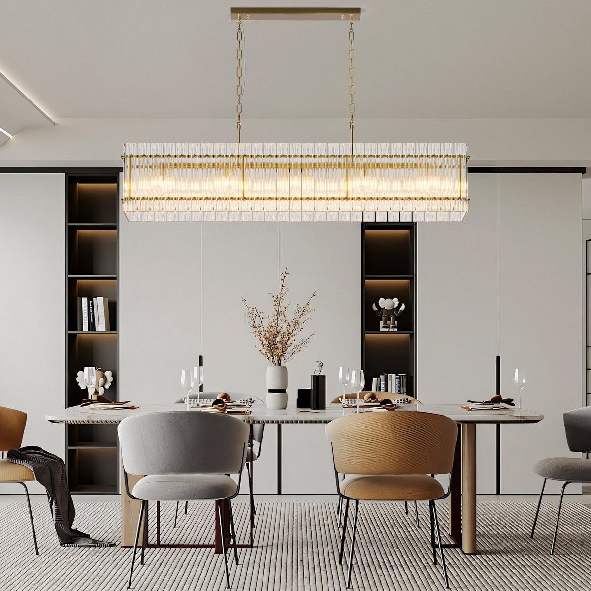 Modern Rectangular Crystal Glass 10-Light Chandelier with Adjustable Height - Gold