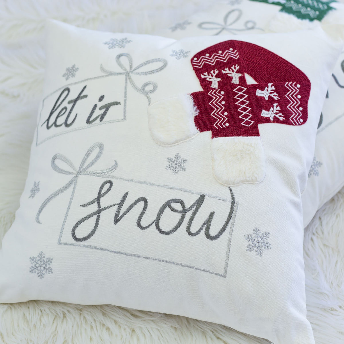 Let It Snow Christmas Throw Pillow with Embroidery - Cotton