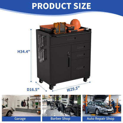 Heavy Duty Rolling Tool Cabinet with Lockable Drawers - Black