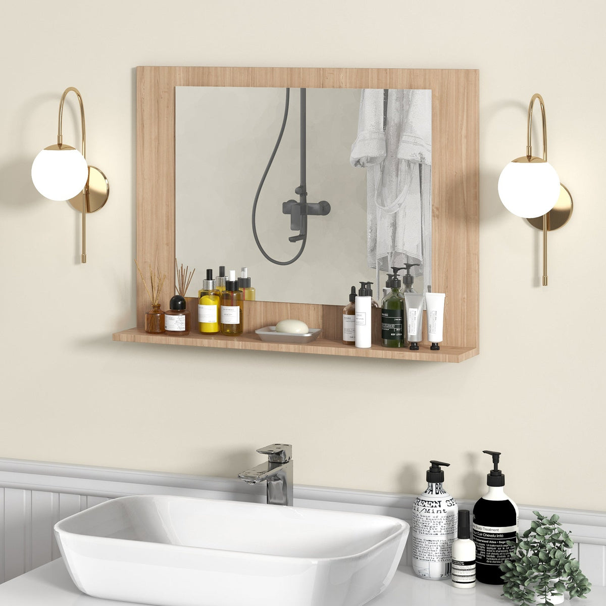 Rectangle Bathroom Mirror with Shelf 23.5 x 17.5 Inch and Wood Frame