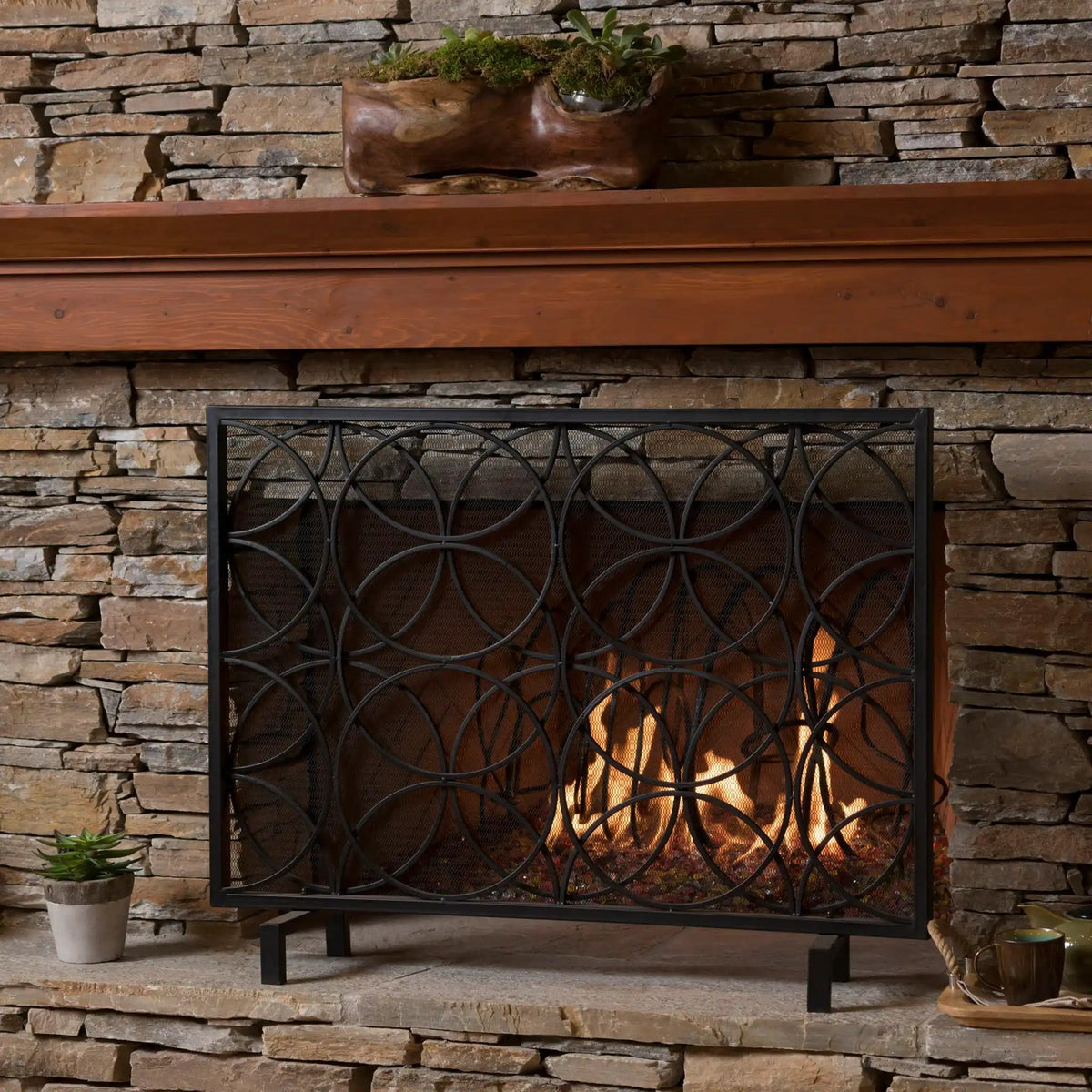 Thayer Single Panel Iron Fireplace Screen with Geometric Design - Black or Gold