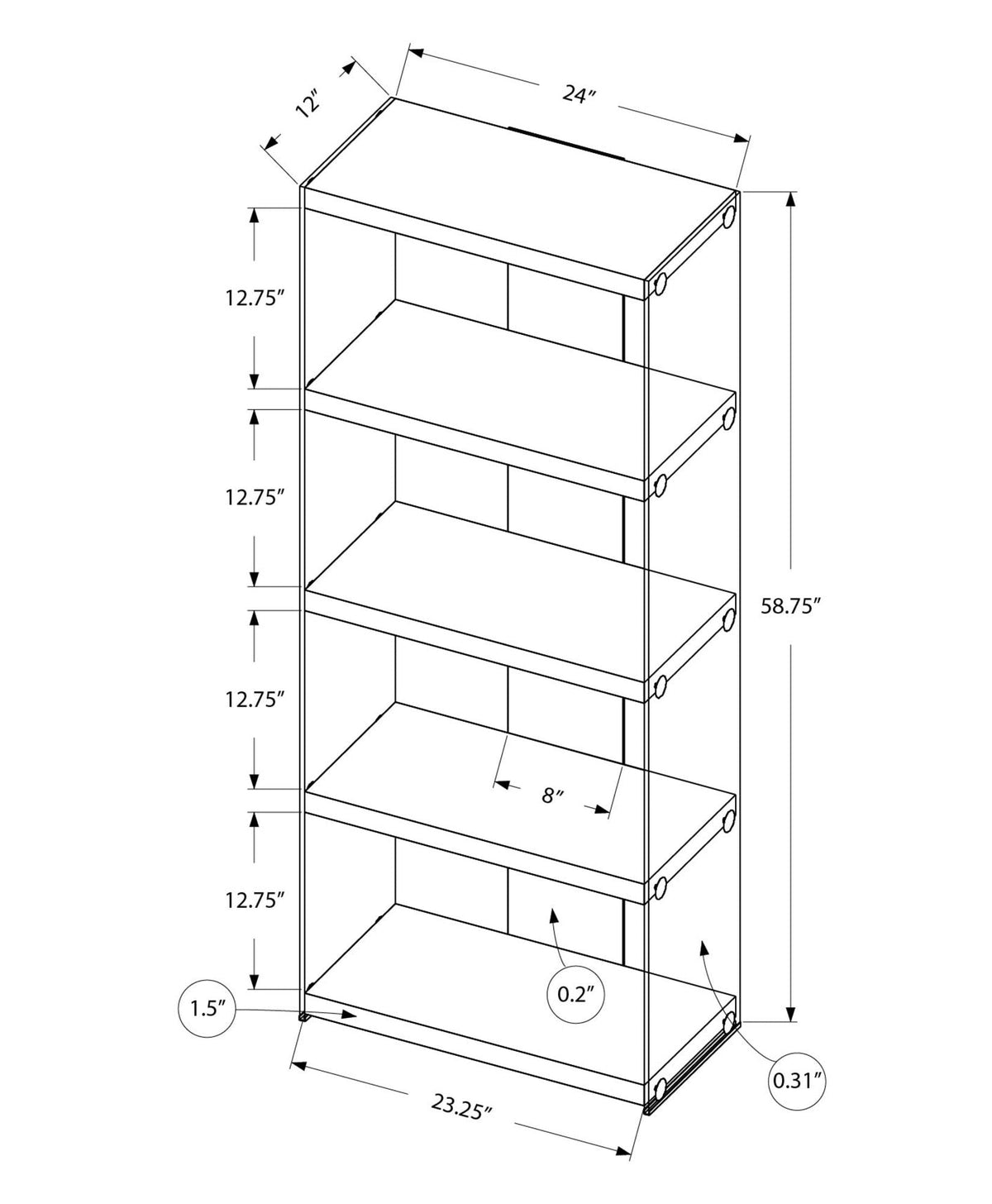 5-Tier White Bookcase with Tempered Glass Sides - White