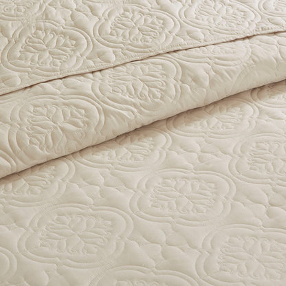 Reversible Bedspread Set with Medallion Quilting - Cream Full/Queen
