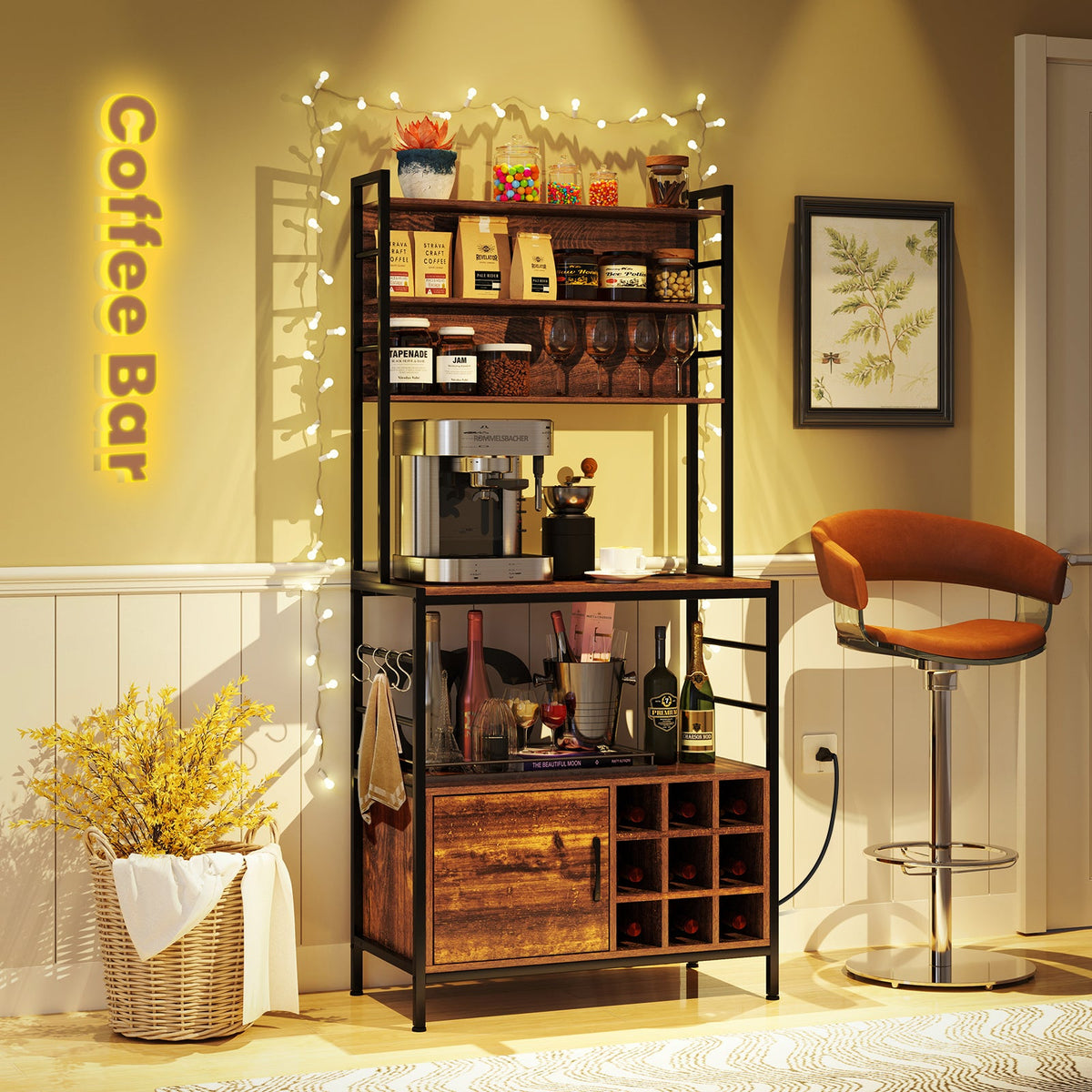 Coffee Bar Cabinet with S-Shaped Hooks and Wine Bottle Holders