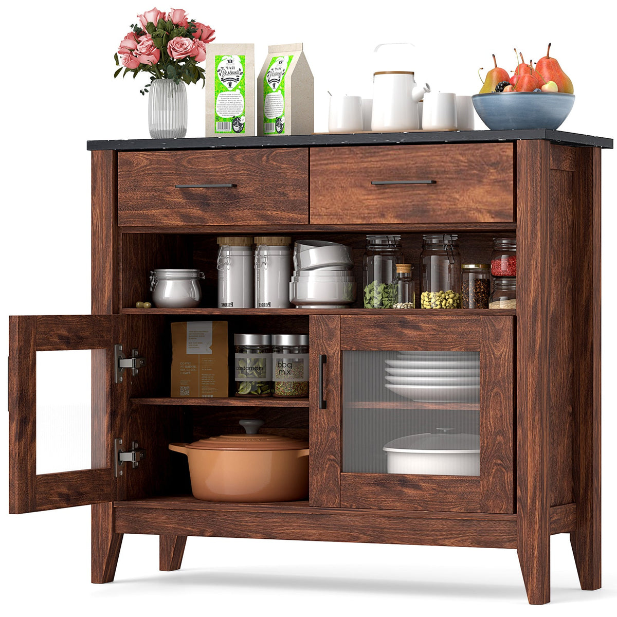Coffee Bar Cabinet with 2 Drawers and 1 Open Compartment-Brown