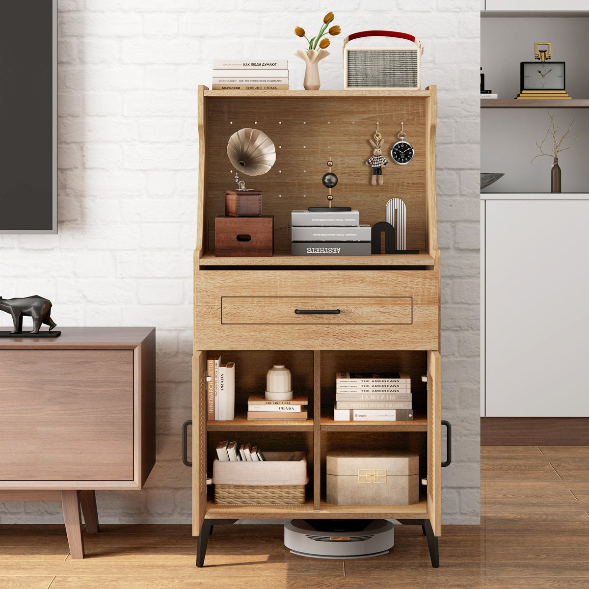 Coffee Bar Cabinet with Pegboard Storage Drawer and Adjustable Shelf-Oak