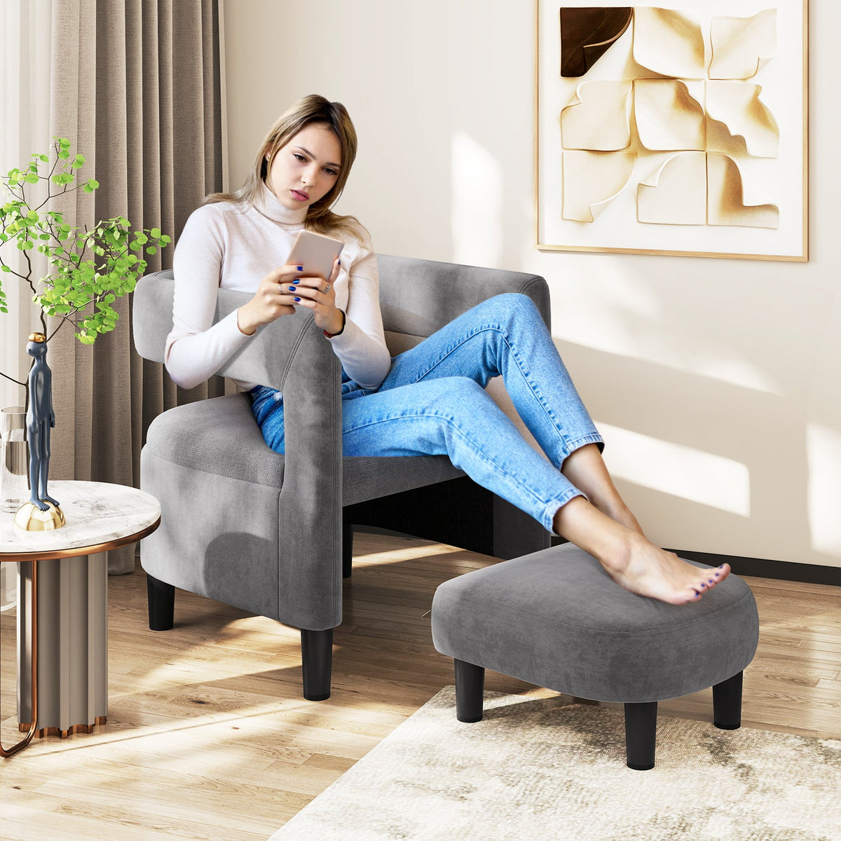 Comfy Accent Armchair with Footrest-Gray