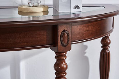 Half Moon Glass Top Oka Wood Console Table