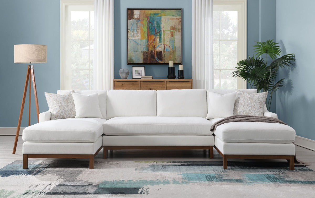 Ivory Chenille Sectional Sofa with 4 Pillows - U-Shaped