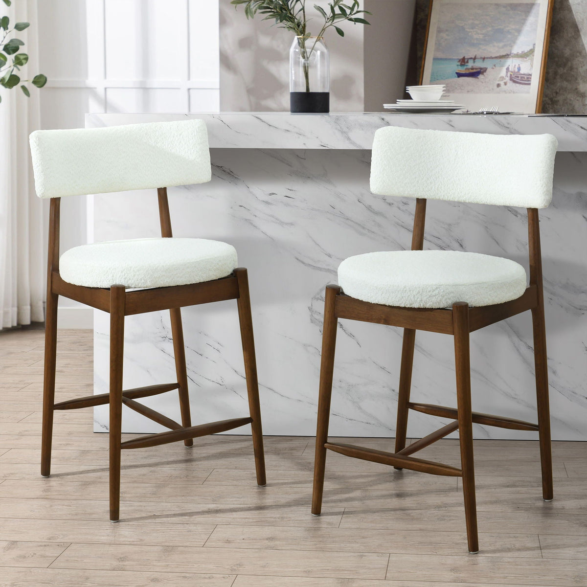 Mid Century Modern Counter Stools with Full Back - Fabric Upholstery, Set of 2