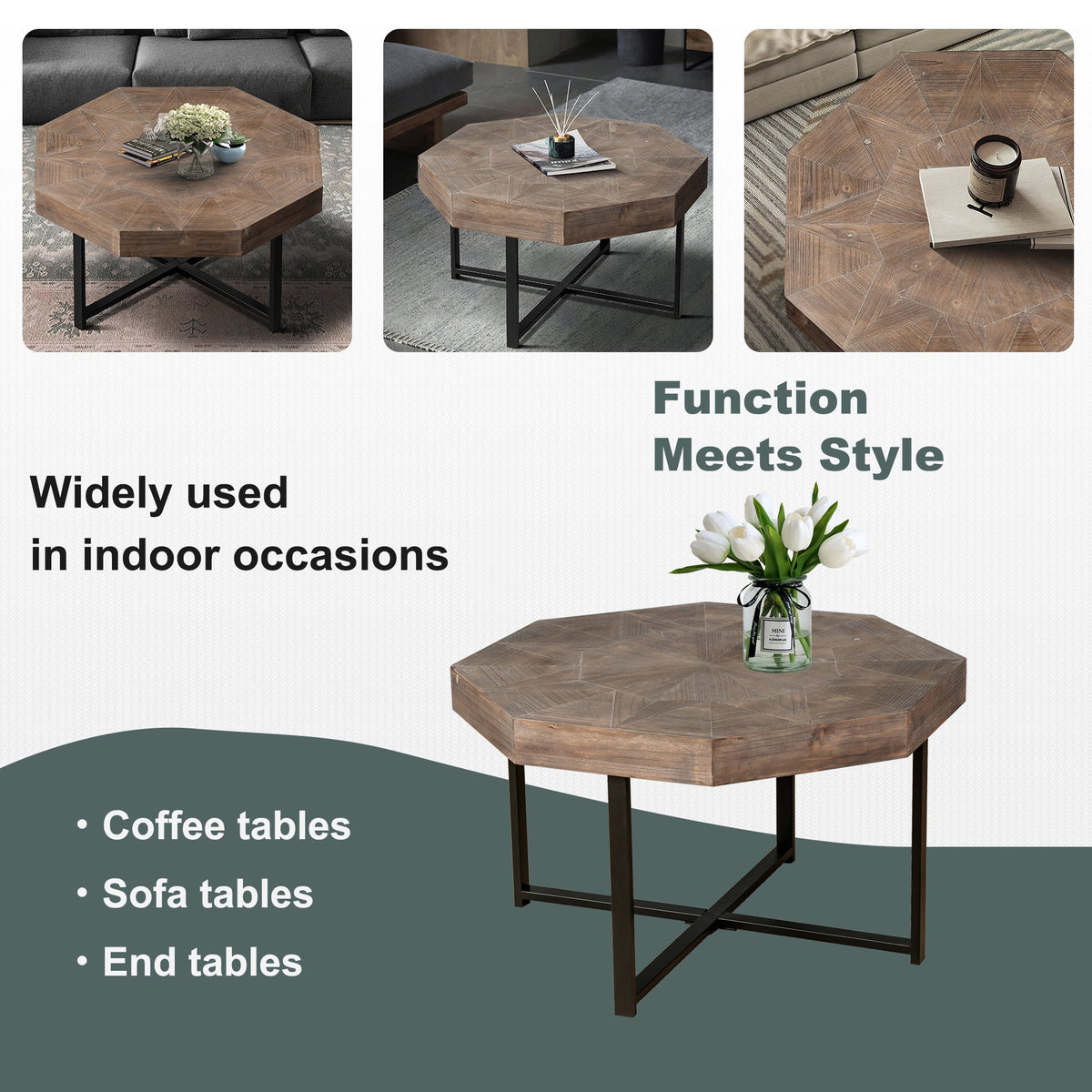 Wood Octagonal Vintage Patchwork Coffee Table with Metal Frame - Antique Brown