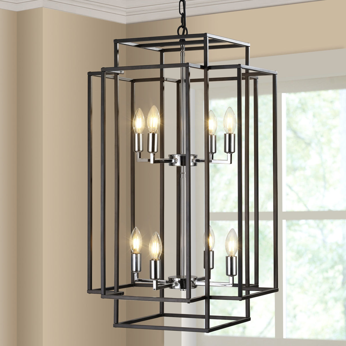 Modern 8-Light Geometric Pendant Chandelier with Adjustable Height - Chrome