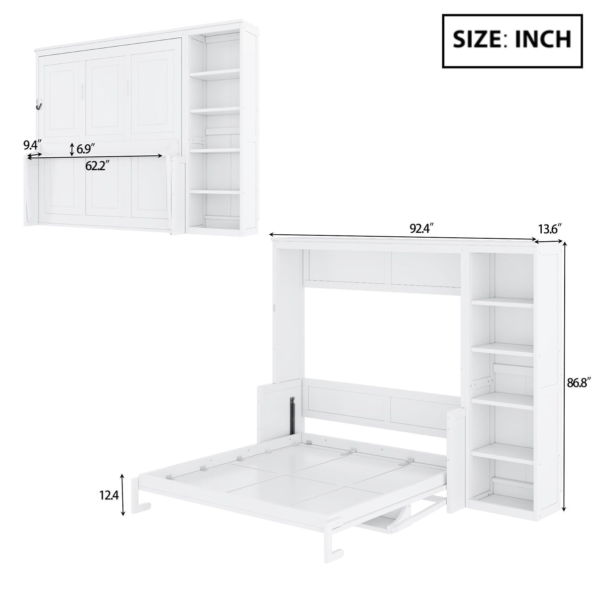 Murphy Bed with Desk and Bookshelf - Solid Pine, Full & Queen Sizes