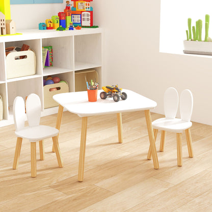 Rabbit Themed Kids Table and 2 Chairs Set with Rounded Corners - White