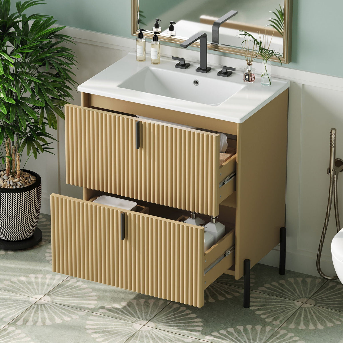 Fluted Bathroom Vanity with Ceramic Sink - Freestanding Wood Design