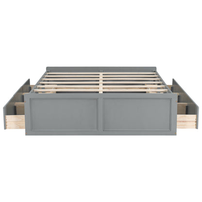 Queen Size Platform Bed Frame with 6 Drawers - Gray