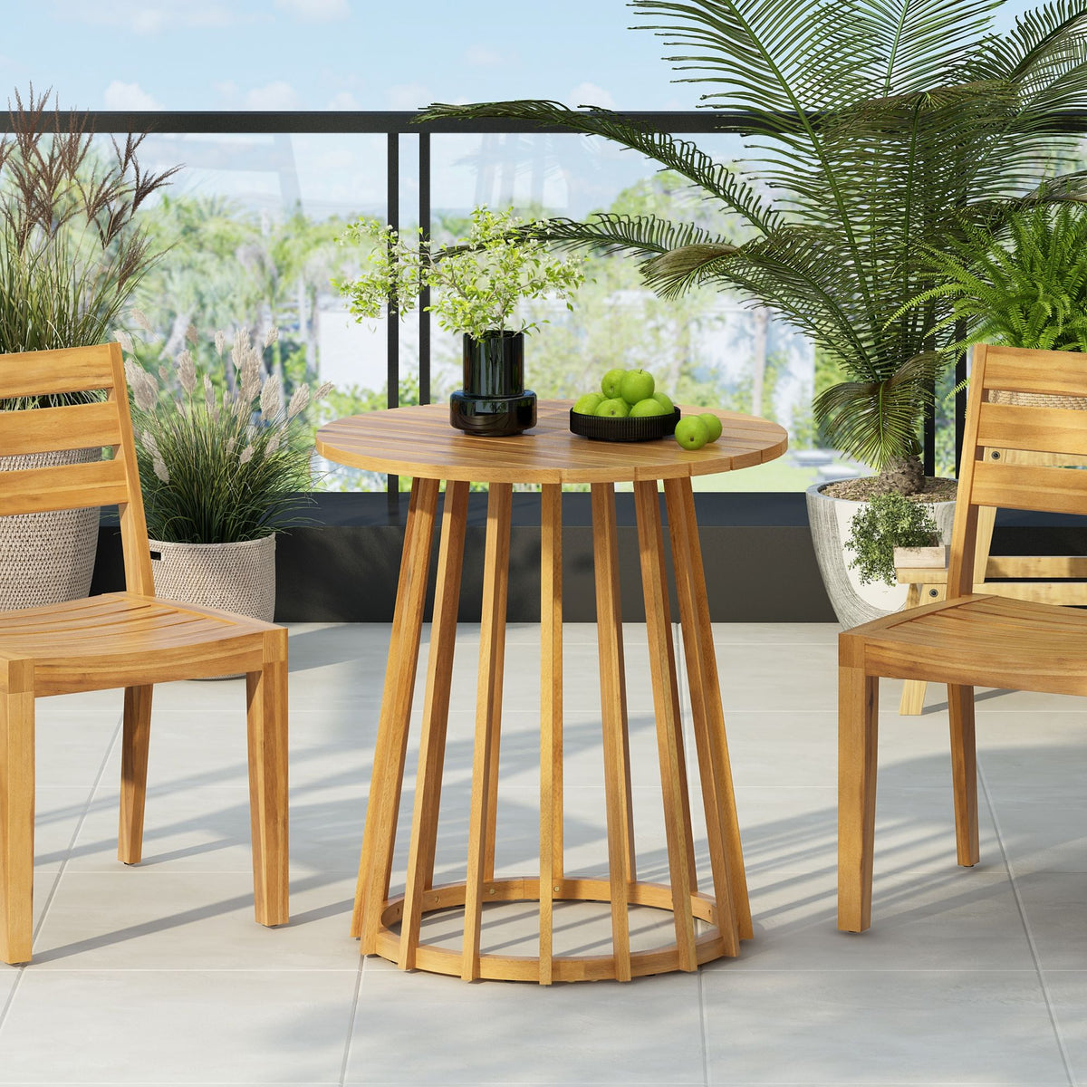 Outdoor Round Top Dining Table with Slat Design - Light Brown