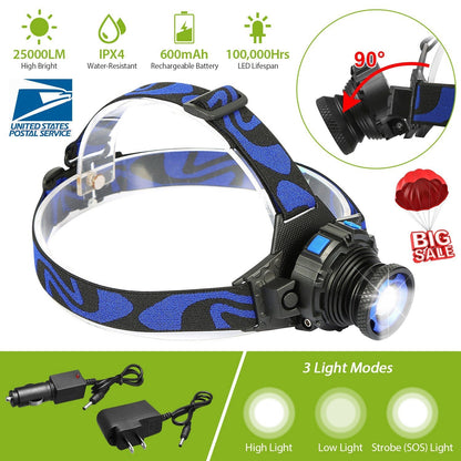 25000 LM Headlamp LED Tactical Headlight Zoomable Flashlight Torch w/Charges Camping