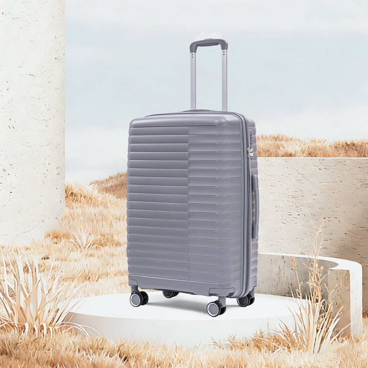 4-Piece Polypropylene Luggage Set with Spinner Wheels and Cosmetic Case - Light Gray