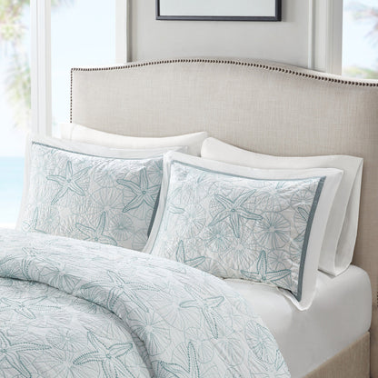 White Cotton Duvet Cover Mini Set with Embroidered Seashells – Full/Queen